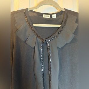 Fancy Cato Cropped Black Cardigan with Sequin Trim & Ruffle Long Sleeve Evening